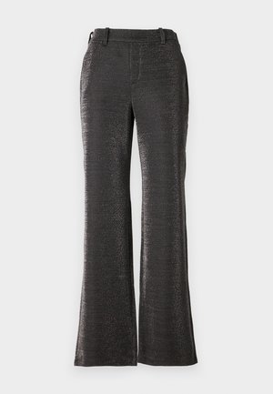 Black, flared pants made of textured, shiny fabric. Features a waistband, front pockets, and a straight cut down to the hem.