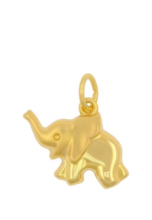 Ciondolo a forma di elefante d'oro con proboscide sollevata e chiusura rotonda per attaccarlo a un braccialetto o a una collana su sfondo bianco.