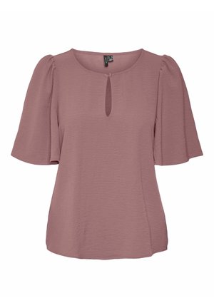 Mauve kortærmet bluse med puffede ærmer, rund halsudskæring, lille nøglehul foran med knaplukning og en afslappet pasform.