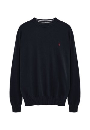 Jersey negro de punto con manga larga, puños y bajo a rayas, cuello redondo con ribete interior de rayas y pequeño logo rojo bordado en el pecho.