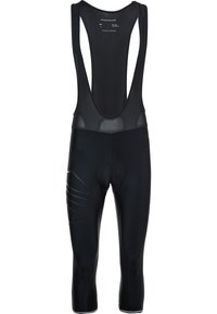 Schwarze Radsport-Bib-Shorts mit mesh Trägern, einem gepolsterten Sitz und einem eleganten, figurbetonten Design. Mit strukturierten Akzenten an der Seite.