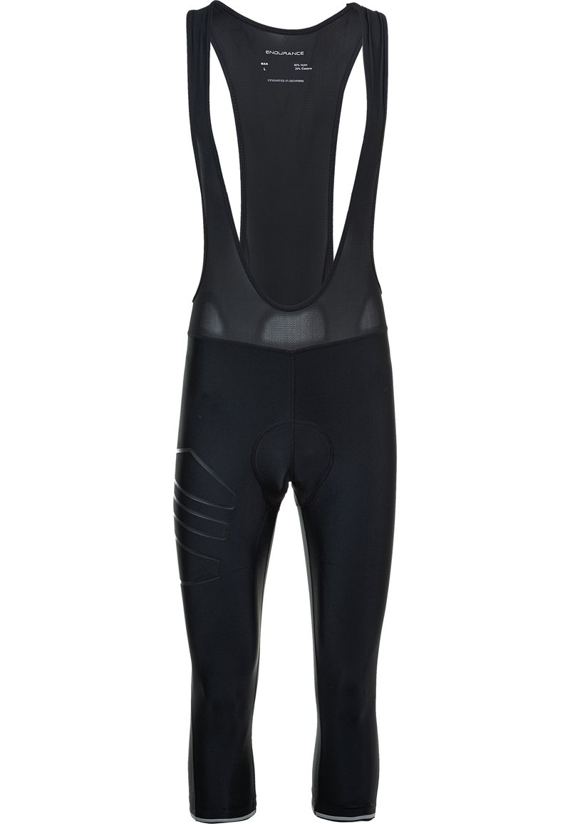 Schwarze Radsport-Bib-Shorts mit mesh Trägern, einem gepolsterten Sitz und einem eleganten, figurbetonten Design. Mit strukturierten Akzenten an der Seite.
