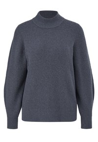 Dunkelgrauer gerippter Strickpullover mit hohem Stehkragen und Ballonärmeln. Der Stoff hat eine weiche Textur und eine lockere Passform.