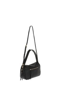 Borsa in pelle nera con superficie texture, forma rettangolare, tracolla regolabile e dettaglio in cerniera dorata sul davanti.