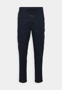 Men’s dark navy cargo pants with drawstring waist and multiple pockets, shown against a white background.