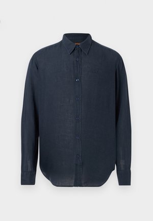 Hosszú ujjú, sötét tengerészkék gombos ing gallérral, elöl végig gombokkal és finoman hímzett márkajelzéssel a bal mellrészen.