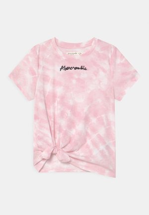 Rosa-weißes Batik-T-Shirt mit kurzen Ärmeln, vorn mit Knoten und schwarzem, gesticktem "Abercrombie"-Logo auf der Brust.