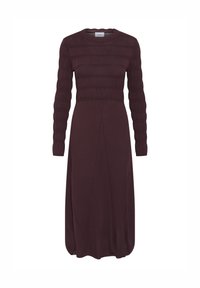 Knit dress in deep burgundy, featuring long sleeves, a ribbed bodice, and a flared hem. Smooth texture with subtle horizontal stripes.