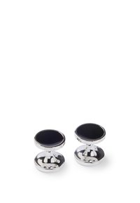 Boutons de manchette en argent avec un centre rond en onyx noir, présentant une finition polie et une base robuste. Nom de la marque embossé sur le côté.