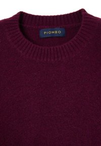 Burgunderfarbener Strickpullover mit geripptem Rundhalsausschnitt, aus weichem, strukturiertem Stoff gefertigt. Mit einem blauen Etikett, auf dem "PIOMBO" in goldener Schrift steht.