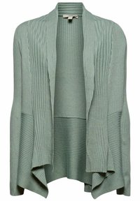 Vihreä, uritettu neuletakki, jossa avoin etuosa, teksturoidut paneelit ja pehmeä neulosmateriaali. Mallissa on pitkät hihat ja laskeutuva helma.