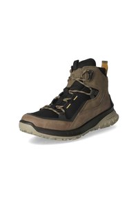 Braune und schwarze Wanderschuhe mit Netzeinsätzen, robusten Schnürsenkeln, strukturiertem Wildleder, Gummisohlen und einer Zuglasche auf der Rückseite für ein leichtes Anziehen.