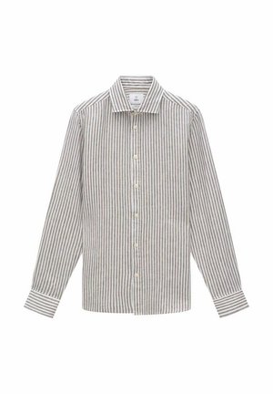 Gestreepte langemouwenhemd in beige en grijstinten, met een knoopsluiting aan de voorkant, een puntige kraag en contrasterende mouwdetails.