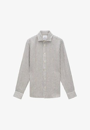 Stribet langærmet skjorte i beige og grå toner med knaplukning foran, spidse kraver og kontrasterende manchet detaljer.