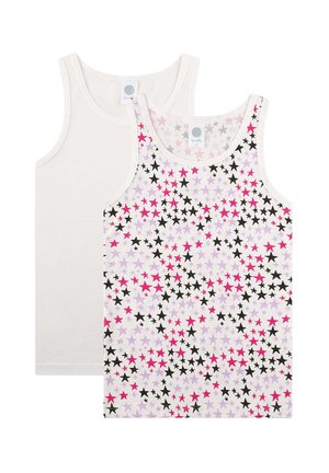 Zwei ärmellose Kinder-Tanktops, eines schlicht weiß und das andere weiß mit pinken, schwarzen und lila Sternmustern.