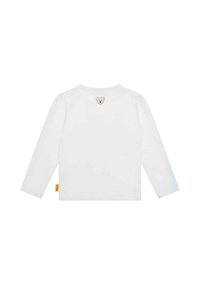 Camicia bianca a maniche lunghe con scollatura rotonda, caratterizzata da un piccolo ricamo di un orso sul retro e un'etichetta in tessuto gialla sull'orlo.