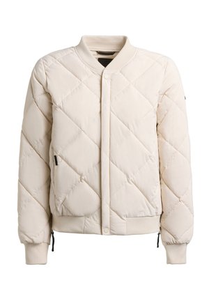 Roomkleurig gewatteerd bomberjack met geribde kraag, manchetten en zoom, voorste drukknoopsluiting en zijzakken met rits.