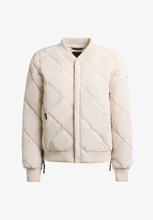 Roomkleurig gewatteerd bomberjack met geribde kraag, manchetten en zoom, voorste drukknoopsluiting en zijzakken met rits.