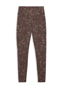 Leggings marron à motifs avec une texture lisse et extensible et une taille haute. Présentent un petit logo dans une couleur contrastante.