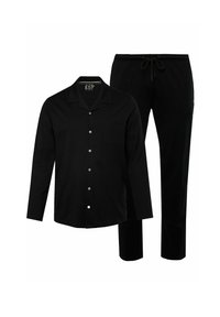 Black long-sleeve button-up shirt with chest pocket and black drawstring pants. Both have a casual, comfortable style.