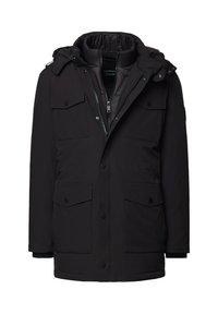 Czarna ocieplana parka z zamkiem i zapięciem na zatrzaski, cztery kieszenie z przodu, regulowany kaptur i pikowana podszewka. Wytrzymały materiał o gładkiej fakturze.