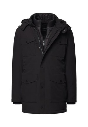 Czarna ocieplana parka z zamkiem i zapięciem na zatrzaski, cztery kieszenie z przodu, regulowany kaptur i pikowana podszewka. Wytrzymały materiał o gładkiej fakturze.