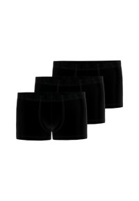 Three black men's boxer briefs with visible stitching, arranged in a staggered row on a white background.