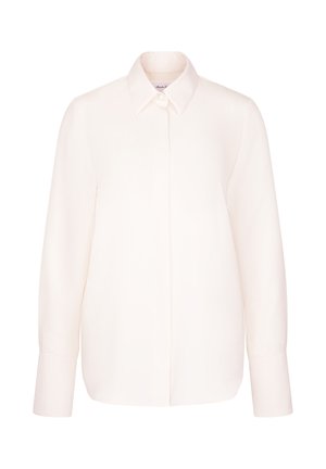 Hvid langærmet skjorte lavet af glat stof, med spidse krave, skjult knaplukning og lige skæring i kanten.