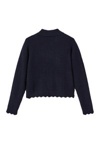 Pull côtelé bleu marine avec un ourlet festonné, doté d'un col et de manches longues. Texture douce, longueur raccourcie. Convient pour le superposition.