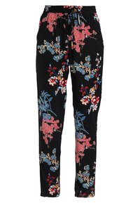 Zwarte bloemenbroek met een elastische tailleband, voorzien van rode, blauwe en crèmekleurige bloemenpatronen. Gemaakt van een lichtgewicht stof.