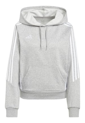 Sweat-shirt à capuche gris en tissu doux avec des rayures blanches sur les manches et une poche avant, doté d'un cordon de serrage à la capuche et de poignets côtelés.