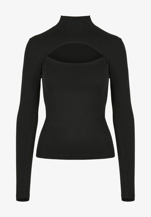 Must mustaga pikad varrukad ja kõrge kaelusega särk, avatud seljaga disain. Valmistatud siledast kangast, sobib hästi keha raamiga ja mõõdetud õmblustega mugavuse tagamiseks.