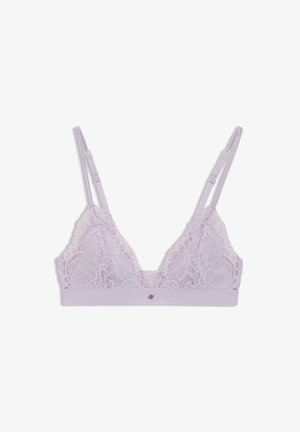 Vaaleanliila pitsirintaliivit, joissa säädettävät ohuet olkaimet ja pieni koristeellinen riipus edessä keskellä nauhassa.