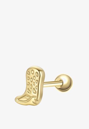 Labret-Steckerohrring in Goldoptik mit einem abstrakten, strukturierten Oberteil, das einem verzerrten Rechteck mit abgerundeten Kanten ähnelt.