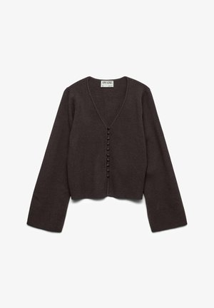 Dunkelbrauner, kurz geschnittener Cardigan mit langen Ärmeln, V-Ausschnitt und einer Reihe stoffbezogener Knöpfe in der Mitte vorne.