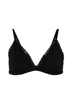 Zwarte bralette van zachte stof, met kantafwerking langs de randen en verstelbare bandjes. Heeft een driehoekige vorm en een eenvoudig ontwerp.