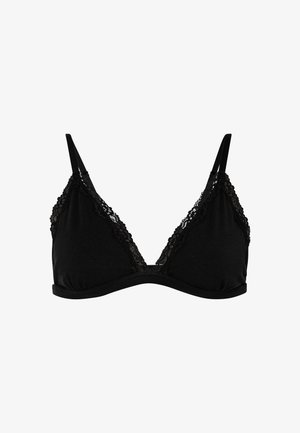 Schwarzer Bralette aus weichem Stoff, mit Spitzenrand entlang der Kanten und verstellbaren Trägern. Hat eine dreieckige Form und ein schlichtes Design.