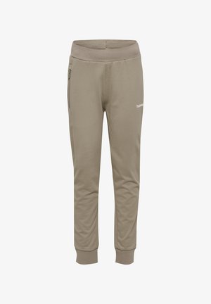 Beige Jogginghosen aus weichem Stoff. Verfügt über schmale Knöchel, einen elastischen Bund und eine seitliche Reißverschlusstasche. Minimale Markenlogos auf der Vorderseite.