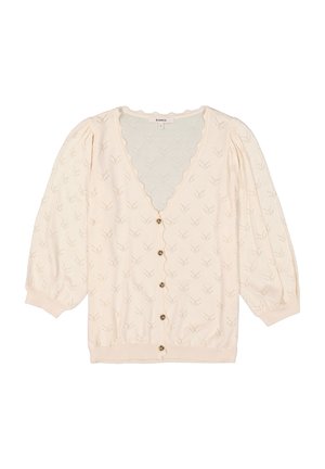 Kremliger Cardigan mit tiefem V-Ausschnitt, Puffärmeln und Knopfleiste. Verfügt über ein strukturiertes Muster aus kleinen Blättern.