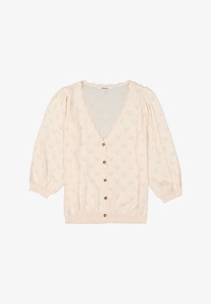 Gilet crème avec un décolleté en V profond, des manches bouffantes et une fermeture à boutons sur le devant. Présente un motif texturé de petites feuilles sur l'ensemble.