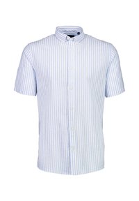 Korte mouw, knoopsluiting overhemd van lichte stof met blauwe en witte verticale strepen. Heeft een kraag en een knoopsluiting aan de voorkant.