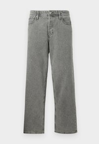 Blugi din denim gri deschis, cu croi lejer, picioare drepte, design cu cinci buzunare și detalii cusute. Prezintă un închizător cu buton în față și fermoar.