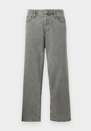 Lichtgrijze denim jeans met een losse pasvorm, rechte pijpen, vijf zakken ontwerp en gestikte details. Voorzien van een sluiting met een knoop en rits aan de voorkant.