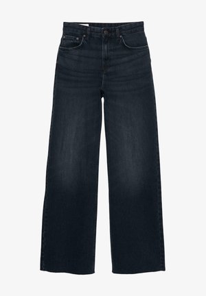 Granatowe, szerokie dżinsy wykonane z denimu, z przednimi kieszeniami, zapinane na guzik oraz prostym krojem do kostki.