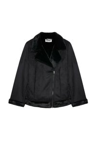 Giacca in ecopelliccia nera con colletto a rever, chiusura con zip e tasche laterali. Presenta una texture morbida e polsini a contrasto.