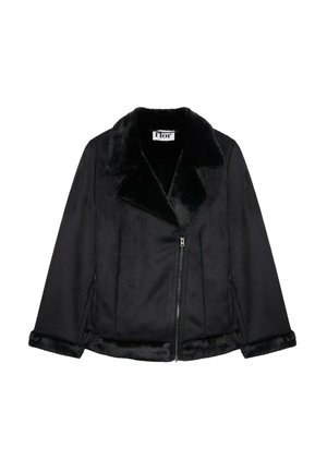 Schwarze Fake-Fell-Jacke mit Reverskragen, Reißverschluss und Seitentaschen. Verfügt über eine weiche Textur und kontrastierende Bündchen.