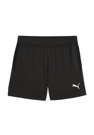 Pantaloni sportivi neri realizzati in tessuto traspirante, dotati di vita elastica, tasche laterali e un logo Puma bianco sul lato sinistro in basso.