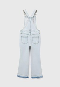 Light blue denim overalls with adjustable shoulder straps, two back pockets, and a flared leg design. Frayed hem detail at the bottom.