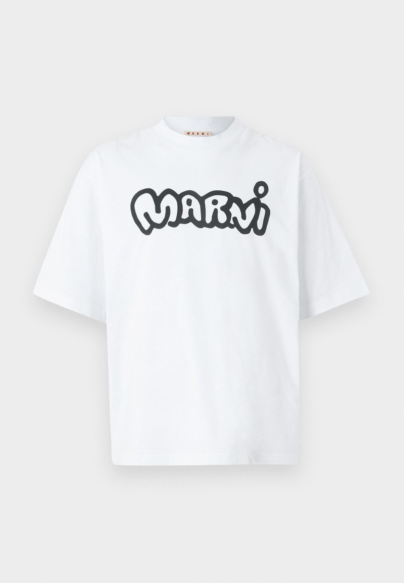 T-shirt blanc à manches courtes avec coupe surdimensionnée et lettres en bulle noires et grasses épelant "MARNI" au centre avant.