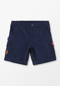 Calções azul-marinho feitos de tecido macio, com um cós elástico, bolsos laterais, um bolso cargo com um logótipo e um design clássico.